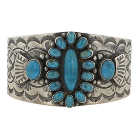 Sheila Tso Navajo Fox Turquoise Cluster Stamp-Work Cuff Bracelet