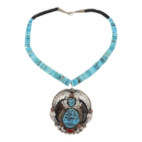 Navajo Kingman Turquoise & Mediterranean Coral Masterpiece Bear Claw Necklace
