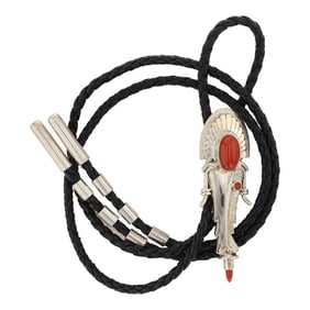 Ray Winner Southwest Anglo Artist Sterling Silver & 14K Gold Mediterranean Coral Bolo Tie