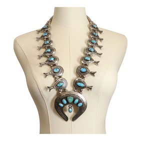 Vintage Navajo Ithaca Peak Turquoise Large Squash Blossom Necklace