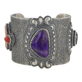 Robert Johnson Sugilite Spiderweb Turquoise & High Grade Pink & Ox Blood Coral Intricate Cuff