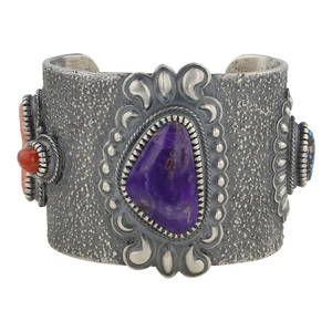 Robert Johnson Sugilite Spiderweb Turquoise & High Grade Pink & Ox Blood Coral Intricate Cuff