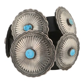 Vintage Navajo Kingman Turquoise Stamp-Work Large Concho Belt