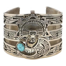Jason Takala Hopi Sterling Silver & 14K Gold Turquoise Unique Cuff Bracelet & Removable Pendant
