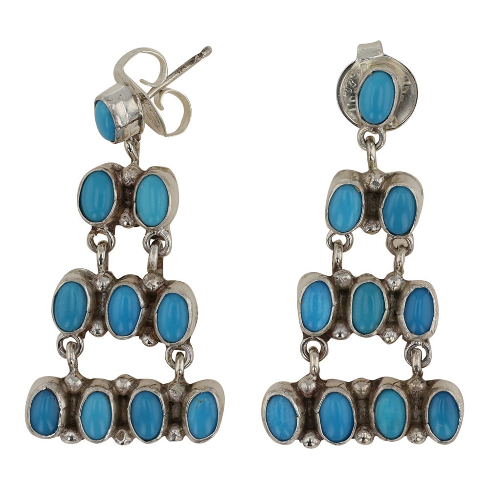 Sheila Tso Navajo Kingman Turquoise Chandelier Earrings: Sterling Silver | Genuine Kingman Turquoise | Sheila Tso Navajo Kingman Turquoise Chandelier Earrings | Navajo Native American Southwest Indian Jewelry | Good (no breaks or damages) | Approximate Weig