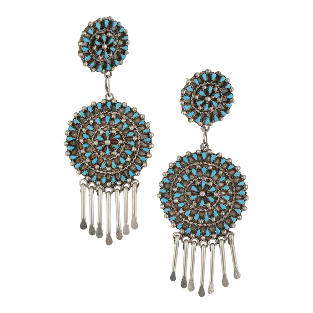 Vintage Zuni Sleeping Beauty Turquoise Petit Point Cluster Chandelier Earrings: Sterling Silver | Genuine Sleeping Beauty Turquoise | Vintage Zuni Sleeping Beauty Turquoise Petit Point Cluster Chandelier Earrings | Zuni Native American Southwest Indian Jewelry | Good (no breaks o