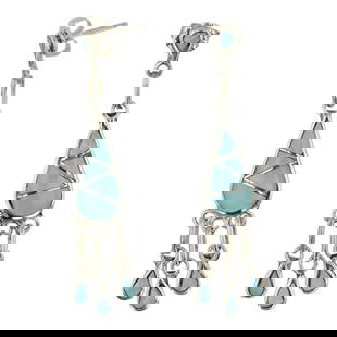 Zuni Turquoise Inlay Earrings: Sterling Silver | Genuine Turquoise | Zuni Turquoise Inlay Earrings | Zuni Native American Southwest Indian Jewelry | Good (no breaks or damages) | Approximate Weight: 3 Grams | Earrings: .25" x 1.75"