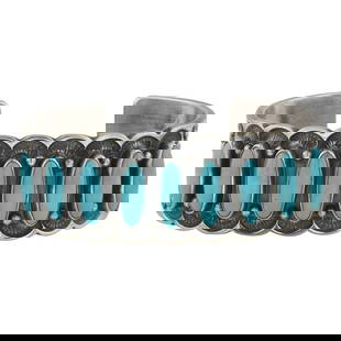 Randy Boyd Navajo Kingman Turquoise Stamped Detailed Inside & Out Row Cuff Bracelet: Sterling Silver | Genuine Kingman Turquoise | Randy Boyd Navajo Kingman Turquoise Stamped Detailed Inside & Out Row Cuff Bracelet | Navajo Native American Southwest Indian Jewelry | Good (no breaks or