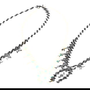 Lydia Begay Navajo Number Eight Turquoise Squash Blossom Necklace: Sterling Silver | Genuine Number Eight Turquoise | Lydia Begay Navajo Number Eight Turquoise Squash Blossom Necklace | Navajo Native American Southwest Indian Jewelry | Good (no breaks or damages) | A