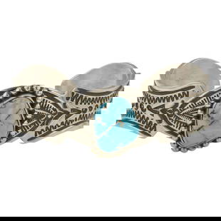 Arnold Blackgoat Navajo Godber's Turquoise Stamp Cuff Bracelet: Sterling Silver | Genuine Godber's Turquoise | Arnold Blackgoat Navajo Godber's Turquoise Stamp Cuff Bracelet | Navajo Native American Southwest Indian Jewelry | Good (no breaks or damages) | Approxim