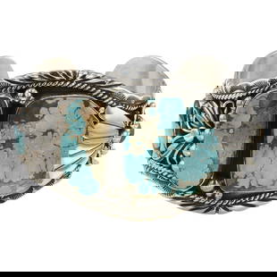 Joe Piaso Navajo Grandfather Eagle Number Eight Turquoise Large Cuff Bracelet: Sterling Silver | Genuine Number Eight Turquoise | Joe Piaso Navajo Grandfather Eagle Number Eight Turquoise Large Cuff Bracelet | Navajo Native American Southwest Indian Jewelry | Good (no breaks or