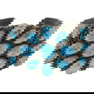 Ella Linkin Navajo Morenci Turquoise Cluster Cuff Bracelet: Sterling Silver | Genuine Morenci Turquoise | Ella Linkin Navajo Morenci Turquoise Cluster Cuff Bracelet | Navajo Native American Southwest Indian Jewelry | Good (no breaks or damages) | Approximate W