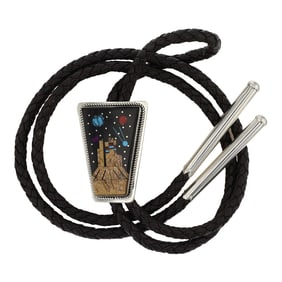 Sylvana Apache Navajo Turquoise Coral Picture Jasper & Acoma Jet Inlay Night Sky Bolo Tie