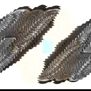 Buffalo Award Winning Santa Fe Artist Vintage Royston Turquoise Leather Ketoh Bowguard Bracelet: Sterling Silver | Genuine Royston Turquoise | Buffalo Award Winning Santa Fe Artist Vintage Royston Turquoise Leather Ketoh Bowguard Bracelet | Southwest Anglo New Mexico Artist | Good (no breaks or d
