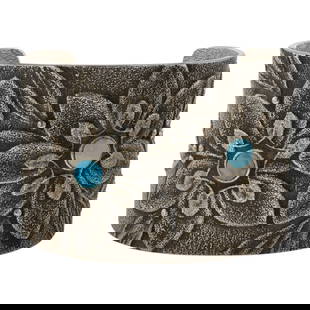 Darryl Dean Begay & Rebecca T. Begay Navajo Kingman Turquoise Flower Cuff Bracelet: Sterling Silver | Genuine Kingman Turquoise | Darryl Dean Begay & Rebecca T. Begay Navajo Kingman Turquoise Flower Cuff Bracelet | Navajo Native American Southwest Indian Jewelry | Good (no breaks or