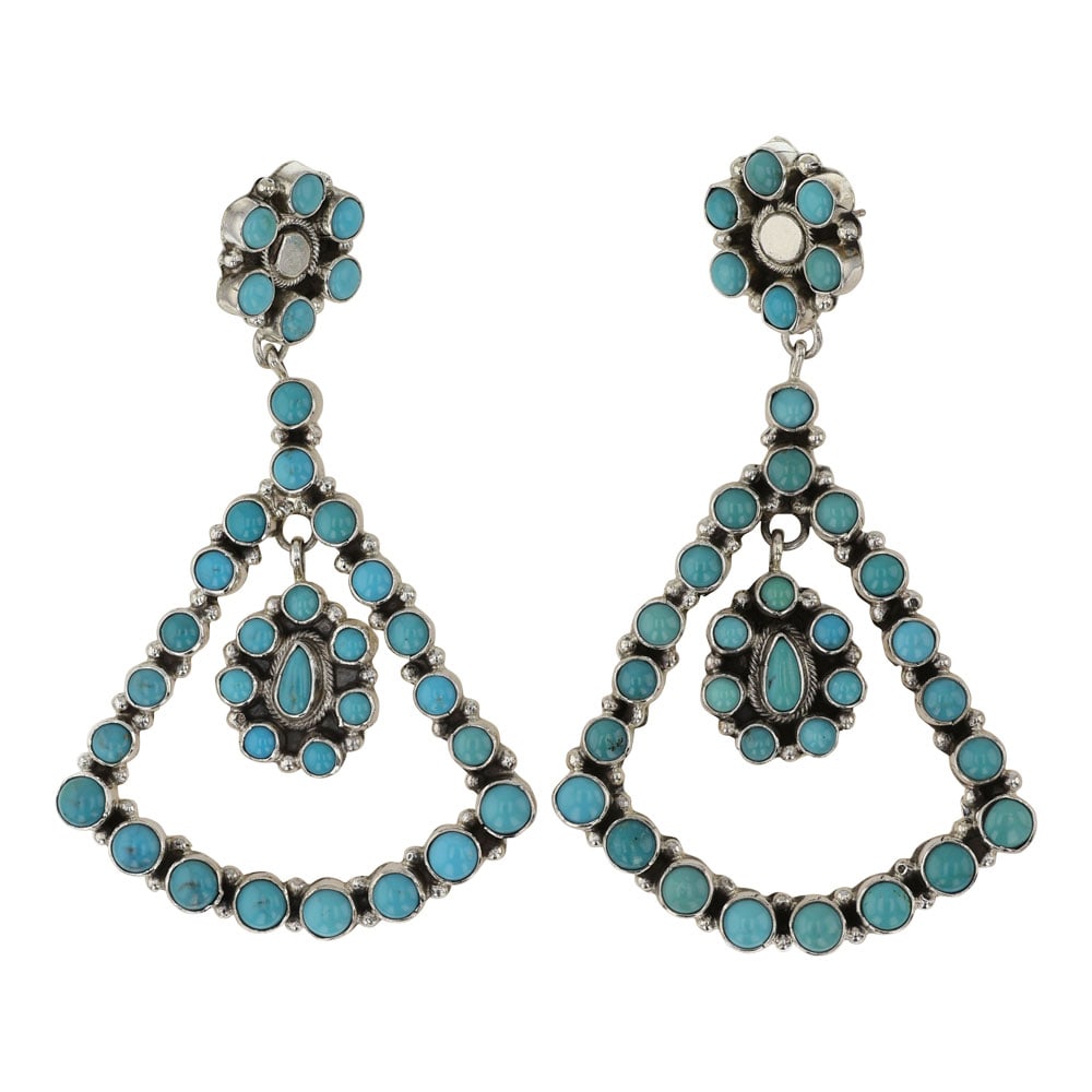 Sheila Becenti Navajo Kingman Turquoise Chandelier Earrings: Sterling Silver | Genuine Kingman Turquoise | Sheila Becenti Navajo Kingman Turquoise Chandelier Earrings | Navajo Native American Southwest Indian Jewelry | Good (no breaks or damages) | Approximate 