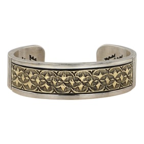 Johnathan Nez Navajo Award Winning Artist Deep Stamp 14K Gold & Sterling Silver Heavy Guage Cuff