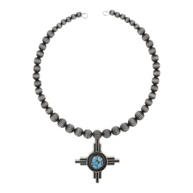 Randy Billy Navajo Spiderweb Turquoise Zia Symbol Collar Necklace