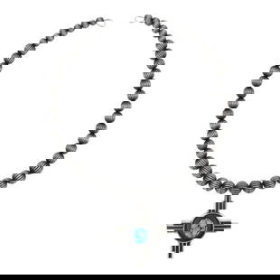 Randy Billy Navajo Spiderweb Turquoise Zia Symbol Collar Necklace: Sterling Silver | Genuine Turquoise & Pink Conch | Randy Billy Navajo Spiderweb Turquoise Zia Symbol Collar Necklace | Navajo Native American Southwest Indian Jewelry | Good (no breaks or damages) | A