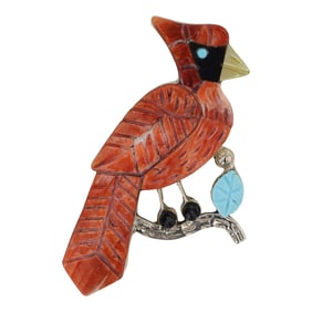 Darrel Shebola Zuni Turquoise Spiny Oyster Shell & Jet Inlay Bird Pin/ Pendant