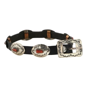 Navajo Mediterranean Coral Leather Concho Style Bracelet