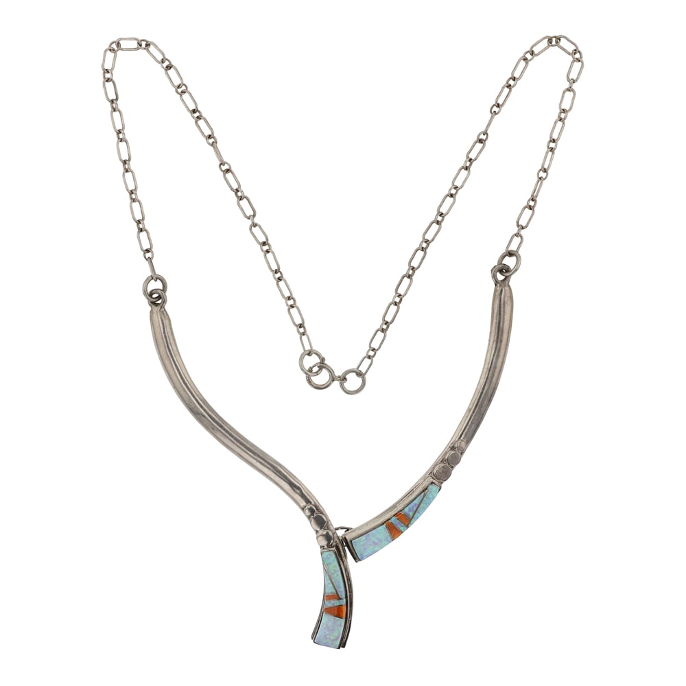 Navajo Spiny Oyster & Synthetic Opal Inlay Necklace: Sterling Silver | Genuine Spiny Oyster & Synthetic Opal | Navajo Spiny Oyster & Synthetic Opal Inlay Necklace | Navajo Native American Southwest Indian Jewelry | Good (no breaks or damages) | Approxim