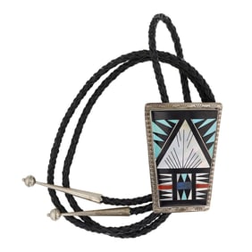 Vintage Zuni Turquoise Coral Mother of Pearl Jet & Lapis Bolo Tie