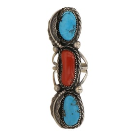Vintage Navajo Turquoise & Coral Long Ring