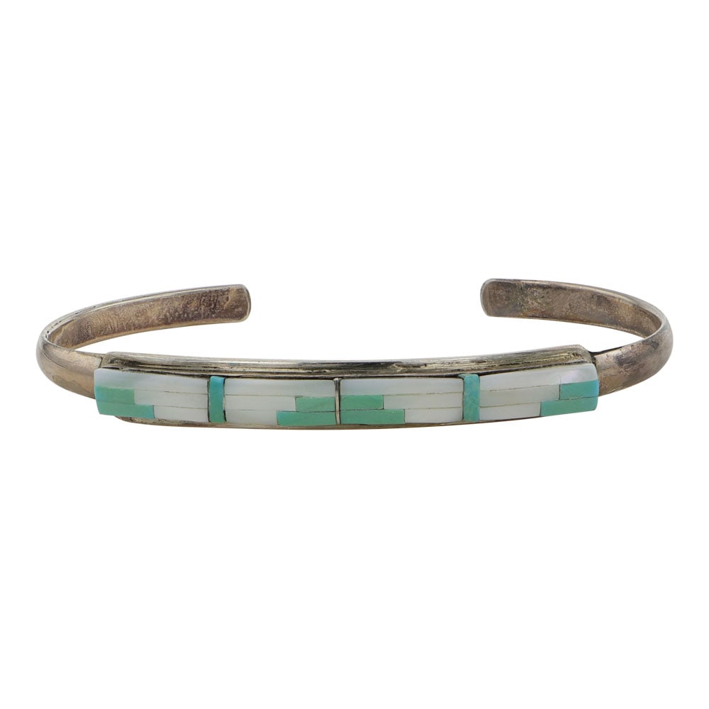 Zuni Turquoise & Mother of Pearl Inlay Bracelet: Sterling Silver | Genuine Turquoise & Mother of Pearl | Zuni Turquoise & Mother of Pearl Inlay Bracelet | Zuni Native American Southwest Indian Jewelry | Good (no breaks or damages) | Approximate Weig