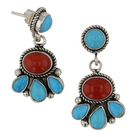 Della Wylie Navajo Sleeping Beauty Turquoise & Mediterranean Coral Earrings