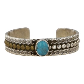 Vintage Navajo Compitos Turquoise Sterling Silver & brass Twotone Cuff Bracelet