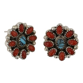 Navajo Turquoise & Coral Cluster Earrings