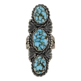 Darrin Livingston Navajo Turquoise Mountain Turquoise Three Stone Statement Ring