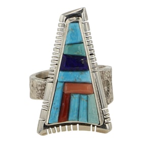 David Tune Award Winning Navajo Turquoise Coral & lapis Cobblestone Inlay Contemporary Ring