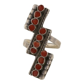 Vintage Zuni Mediteranian coral inlay ring