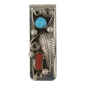 Vintage Navajo Turquoise & Coral Sterling Silver & Nickle Money Clip