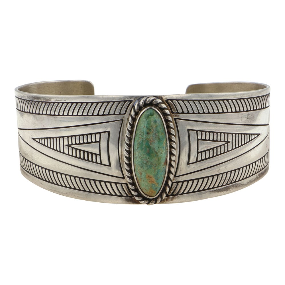 Carol Felley Vintage Southwest Shop Anglo Designer Menassa Turquoise Cuff Bracelet: Sterling Silver | Genuine Menassa Turquoise | Carol Felley Vintage Southwest Shop Anglo Designer Menassa Turquoise Cuff Bracelet | Southwest American Shop Jewelry | Good (no breaks or damages) | Appro