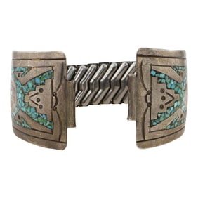 Vintage Navajo Turquoise & Coral Chip Inlay Watch Tips