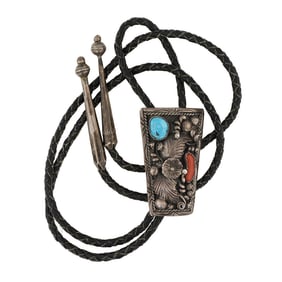 Vintage Navajo Turquoise & Coral Bolo Tie