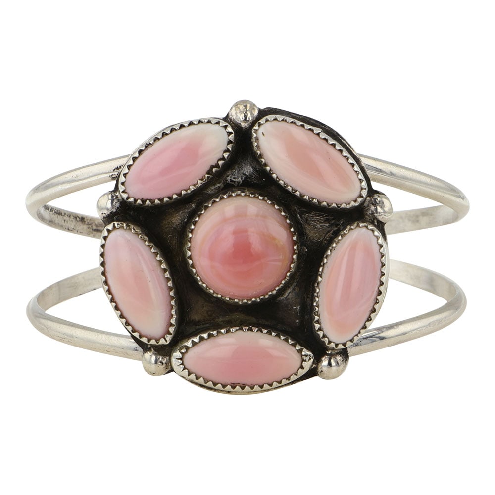 Gilbert Nez Navajo Pink Conch Cluster Bracelet: Sterling Silver | Genuine Pink Conch | Gilbert Nez Navajo Pink Conch Cluster Bracelet | Navajo Native American Southwest Indian Jewelry | Good (no breaks or damages) | Approximate Weight: 37 Grams | B
