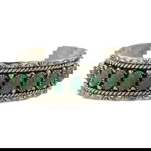 Chris Charley Navajo Nevada Turquoise Row Cuff Bracelet: Sterling Silver | Genuine Nevada Turquoise | Chris Charley Navajo Nevada Turquoise Row Cuff Bracelet | Navajo Native American Southwest Indian Jewelry | Good (no breaks or damages) | Approximate Weigh