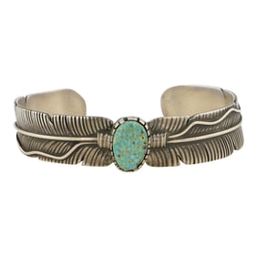 Lorenzo Juan Navajo Nevada Turquoise Feather Cuff Bracelet