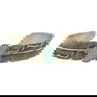 Lorenzo Juan Navajo Nevada Turquoise Feather Cuff Bracelet: Sterling Silver | Genuine Nevada Turquoise | Lorenzo Juan Navajo Nevada Turquoise Feather Cuff Bracelet | Navajo Native American Southwest Indian Jewelry | Good (no breaks or damages) | Approximate We