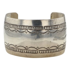 Sarah Cly Vintage Navajo Palin Silver Stamp Work Wide Cuff Bracelet