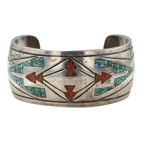 Charlie John Vintage Early Work Navajo Turquoise & Coral Chip Inlay Cuff Bracelet