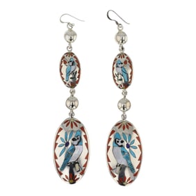 Quentin Quam Sr. Award Winning Zuni Artist Turquoise Coral Lapis & Mother of Pearl Inlay Earrings