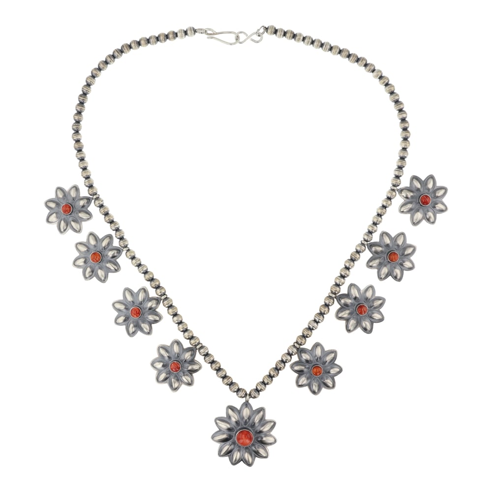 Robert Johnson Navajo Spiny Oyster Bump Out Necklace: Sterling Silver | Genuine Spiny Oyster | Robert Johnson Navajo Spiny Oyster Bump Out Necklace | Navajo Native American Southwest Indian Jewelry | Good (no breaks or damages) | Approximate Weight: 43 G