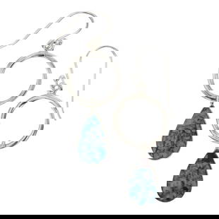 Catheryn Webster Navajo Nacozari Turquoise Contemporary Hoop Earrings: Sterling Silver | Genuine Nacozari Turquoise | Catheryn Webster Navajo Nacozari Turquoise Contemporary Hoop Earrings | Navajo Native American Southwest Indian Jewelry | Good (no breaks or damages) | A
