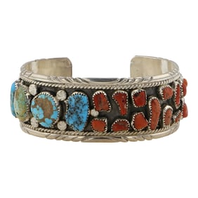 Vintage Navajo Turquoise & Coral Cuff Bracelet