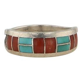 Navajo Turquoise & Coral Inlay Ring